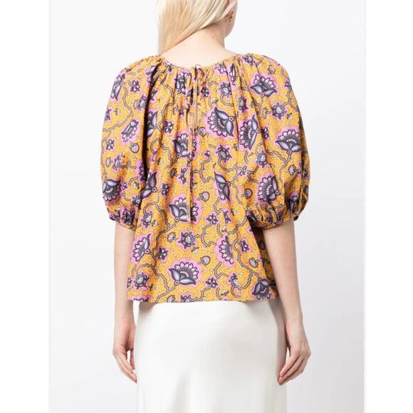 NWOT Rhode Rowan Top Blouse Gold Lotus Print Puff Sleeve 100% Cotton Size XS - Picture 4 of 8